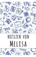 Notizen von Melisa: Kariertes Notizbuch mit 5x5 Karomuster für deinen personalisierten Vornamen