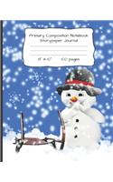 Primary Composition Notebook Storypaper Journal: Snowman with Sled Picture with Writing, Drawing and Picture Space 100 Pages K-2