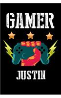 Gamer Justin: Liniertes Notizbuch für deinen Vornamen