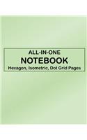 ALL-IN-ONE NOTEBOOK - Hexagon, Isometric, Dot Grid Pages: 4 Types Of Designing Paper In One Book - See The Back Cover For Samples - Pale Green Gradient