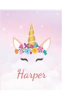 Harper: Personalized Unicorn Sketchbook For Girls With Pink Name - Girls Customized Personal journal/ blank book - 8.5x11 110 Pages Doodle Sketch Create- cu