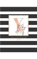Weekly & Monthly Planner 2020 Y: Black and White Stripes Rose Gold Monogram Letter Y with Pink Flowers (7.5 x 9.25 in) Horizontal at a glance Personalized Planner for Women Moms Gir