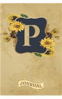 P Journal: Vintage Sunflowers Journal Monogram Initial P Lined and Dot Grid Notebook - Decorated Interior