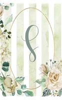 Notebook 6"x9", Letter S, Green Stripe Floral Design