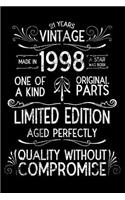 21 Years Vintage 1998 Limited Edition Aged Perfectly Quality Without Compromise: Funny 21st Birthday Journal Keepsake, Birth Year, Distressed Diary, Notebook For Memories and Stories