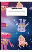 Composition Notebook: Robots and Rocket Ships Among the Stars (100 Pages, College Ruled)