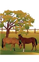 Horse Illustration School Composition Book Equine Horses Fenced Pasture