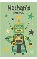 Nathan's Notebook: Cool Personalised Robot Illustration 6x9 Lined Notebook for Boys, 120 Pages