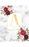 Weekly & Monthly Planner 2020 A: Burgundy Marsala Flowers Gold Monogram Letter A (7.5 x 9.25 in) Horizontal at a glance Personalized Planner for Women Moms Girls and School