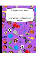 Composition Book: Cute Soccer Wide Ruled Composition Book for Kids, Cute Notebooks for School, Wide Ruled Lined Paper. (7.44" X 9.69" - 100 Sheets/ 200 Pages), Purple Notebook.