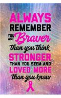 Always Remember You Are Braver Than You Think: Breast Cancer Journal: 6x9 Inch, 120 Page, Blank Lined Notebook