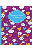 Composition Notebook: Kawaii Hearts and Rainbows Wide Ruled Paper Journal Wide Blank Lined Workbook for Teens Kids Students Girls for Home School College for Writing Note