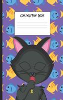 Composition Book: Black Cat with Blue and Yellow Fish, 200 Pages, College Ruled (7.44 X 9.69)