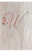 W: Letter W Dotted Matrix Notebook and Planner, Rose Gold on Wood, Personalized Bullet Dot Grid Journal Monogram Initial, 6 x 9