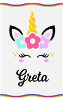 Greta: Personal Notebook Personal Diary Unicorn Notebook Personalized Journal Customized Journal Unicorn Lover Personal Name Notebook