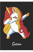 Susan: Cuaderno de notas blanko para niña y mujer con nombre personalizado y diseño de kawaii cuaderno unicornio bailarin con pelo en los colores de la ban