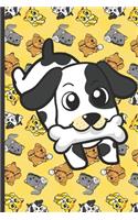 2020 Weekly Planner and Calendar: Black and White Dog with Bone and Rotating Images of Cats Kittens Dogs and Puppies on Yellow Background.