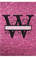 W - Journal & Notebook: Monogram Letter W Journal, Notebook with Unicorn Motif on Back and Pink - Glitter Effect Cover