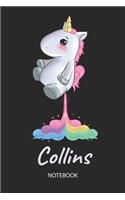 Collins - Notebook: Blank Lined Personalized & Customized Name Rainbow Farting Unicorn School Notebook / Journal for Girls & Women. Funny Unicorn Desk Accessories for K