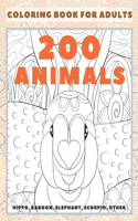 200 Animals - Coloring Book for adults - Hippo, Baboon, Elephant, Scorpio, other