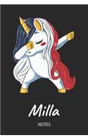 Milla - Notes: Noms Personnalisé Carnet de notes / Journal pour les filles et les femmes. Licorne qui dab aux cheveux aux couleurs du drapeau français. Accessoires