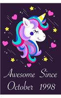 Awesome Since October 1998: 22 Year Old 22th Birthday gift Unicorn Born In October 1998, Journal Gift Book For Girls, Christmas Gift Book, Birthday Gift For Girls, Women's Day 