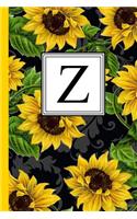 Z: Floral Letter Z Monogram Personalized Journal, Black & Yellow Sunflower Pattern Monogrammed Notebook, Lined 6x9 Inch College Ruled 120 Page Perfect 