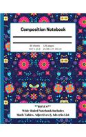 Composition Notebook: Wide-Ruled BONUS Math Charts & List of Adverbs & Adjectives Large Size for Homeschool, Elementary, High School, & College for All Subjects