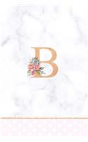 B: Rose Gold Letter B Monogram Floral Journal, Pink Flowers on White Marble, Personal Name Initial Personalized Journal, 6x9 Inch Blank Lined College R