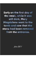 John 20: 1 Notebook: Early on the first day of the week, while it was still dark, Mary Magdalene went to the tomb and saw that the stone had been removed fro