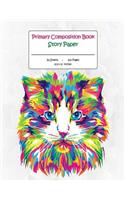 Primary Composition Book: Story Paper Journal for K-3 (Colorful Abstract Cat Design, Space on Top for Drawing & Dotted Midlines Below, 8.5x11 Inches, 100 Pages)