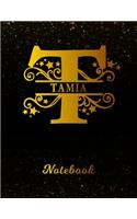 Tamia Notebook: Letter T Personalized First Name Personal Writing Notepad Journal Black Gold Glitter Pattern Effect Cover College Ruled Lined Paper for Journalists 