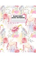 Blank Sheet Music Notebook: Cute Unicorn Matte Cover Design with 110 Pages White Paper Interior for Musician Students and Professionals Playing Piano, Ukelele, Mandolin and oth