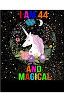 I am 44 and Magical: Cute unicorn Happy Birthday Unicorn Journal Notebook gift for girl, adults, baby,