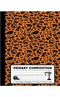 Primary Composition: Construction Orange Marble Composition Book for Boys K-2. Trucks and Machines notebook handwriting paper. Primary ruled - middle dotted guide lines.