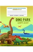 Primary Composition Notebook Grades K-2 Dino Park Giants Alive: Picture drawing and Dash Mid Line hand writing paper Story Paper Journal - Green Design