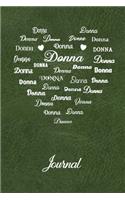 Personalized Journal - Donna: Name in Many Different Fonts in Heart Shape on Olive Green Leather Look Background