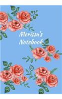 Merissa's Notebook: Personalized Journal - Garden Flowers Pattern. Red Rose Blooms on Baby Blue Cover. Dot Grid Notebook for Notes, Journaling. Floral Watercolor Design