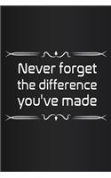 Never forget the difference you've made: Blank Lined Journal - Retirement Gift Idea for Women, Men, Nurses, Teachers, Army, Navy (Gag Gifts)