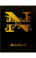 New Sketchbook: Letter N Personalized First Name Personal Drawing Sketch Book for Artists & Illustrators Black Gold Space Glittery Effect Cover Scrapbook Notepad & 