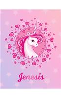 Jenesis: Unicorn Large Blank Primary Handwriting Learn to Write Practice Paper for Girls - Pink Purple Magical Horse Personalized Letter J Initial Custom Fir