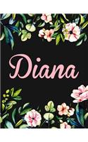 Diana: Personalised Diana Notebook/Journal For Writing 100 Lined Pages (Black Floral Design)