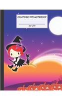 Composition Notebook: Halloween Cute Witch Cat Pumpkin Jack O Lantern, Wide Ruled paper Notebook, Notes Taking, Basic Lines Journal,8.5"x11",100 Pages, For Boys, Girls, K