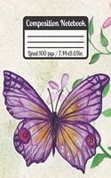 Composition Notebook: Watercolor Purple Butterfly With Pink Flowers Journal Perfect Gift For Students (7'44X9'69)