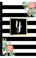 Y: Black and White Stripes & Flowers, Floral Personal Letter Y Monogram, Customized Initial Journal, Monogrammed Notebook, Lined 6x9 Inch College Ruled