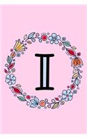 I: Letter I Monogrammed Initial Notebook - Pink, Blue & Red Floral Doodle Wreath Monogram Blank Lined Note Book, Writing Pad, Journal or Diary with Lin