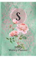 Letter S Personalized 2019 Plan on It Weekly Planner: Monogrammed 14 Month Calendar Planner in Green and Pink Damask Lace with Roses on Glossy Cover(2019 Plan on It Weekly Calendar Planner)