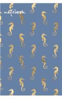 Notebook: Wide Ruled Composition Notebook: Blue & Gold Seahorses