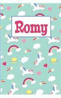 Romy: Personalized Named Unicorn Journal Notebook Pretty Magical Rainbows & Hearts Cover for Women and Girls Lined Pages