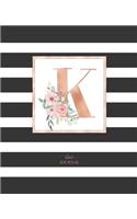 Dotted Journal: Dotted Grid Bullet Notebook Journal Black and White Stripes Rose Gold Monogram Letter K (7.5 X 9.25) for Women Teens Girls and Kids